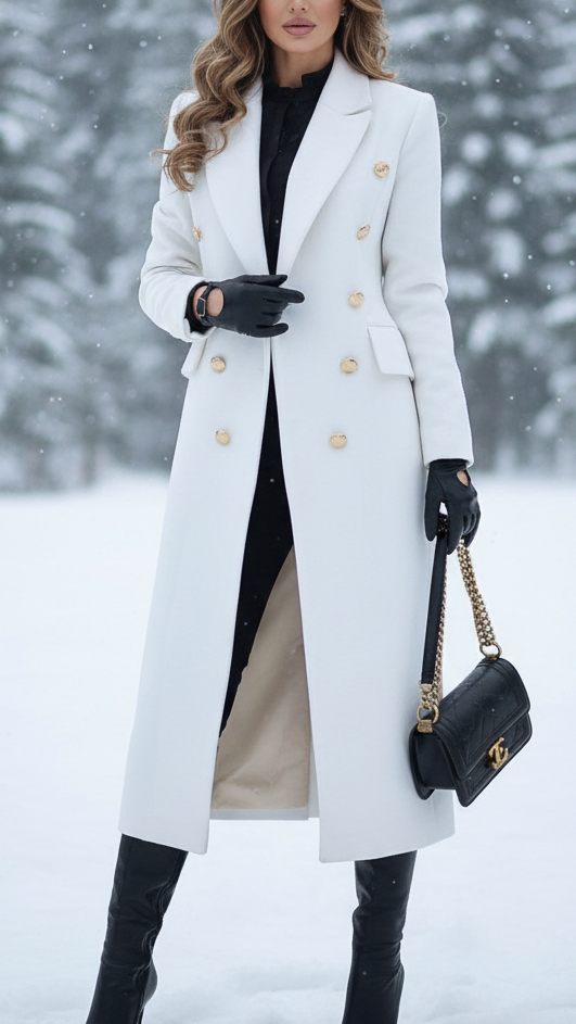 Celeste - Women's Peak Lapel Longline Coat with Gold Buttons