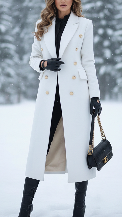 Celeste - Women's Peak Lapel Longline Coat with Gold Buttons