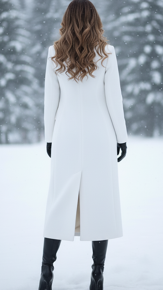 Celeste - Women's Peak Lapel Longline Coat with Gold Buttons