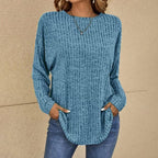 Celeste - Women's Ribbed Long-Sleeve Top with Curved Hem