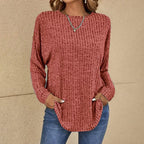 Celeste - Women's Ribbed Long-Sleeve Top with Curved Hem