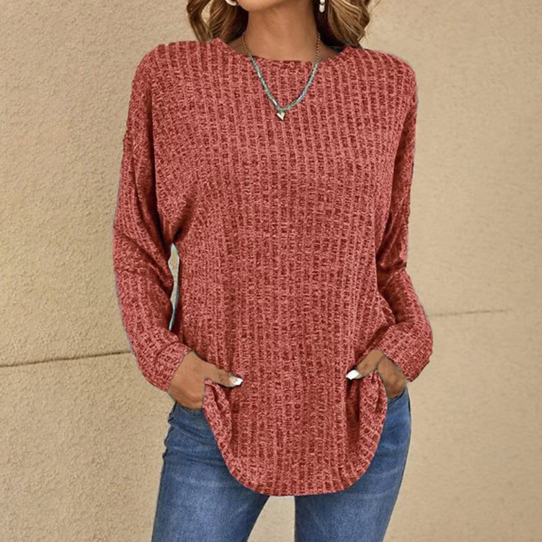 Celeste - Women's Ribbed Long-Sleeve Top with Curved Hem