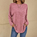 Celeste - Women's Ribbed Long-Sleeve Top with Curved Hem