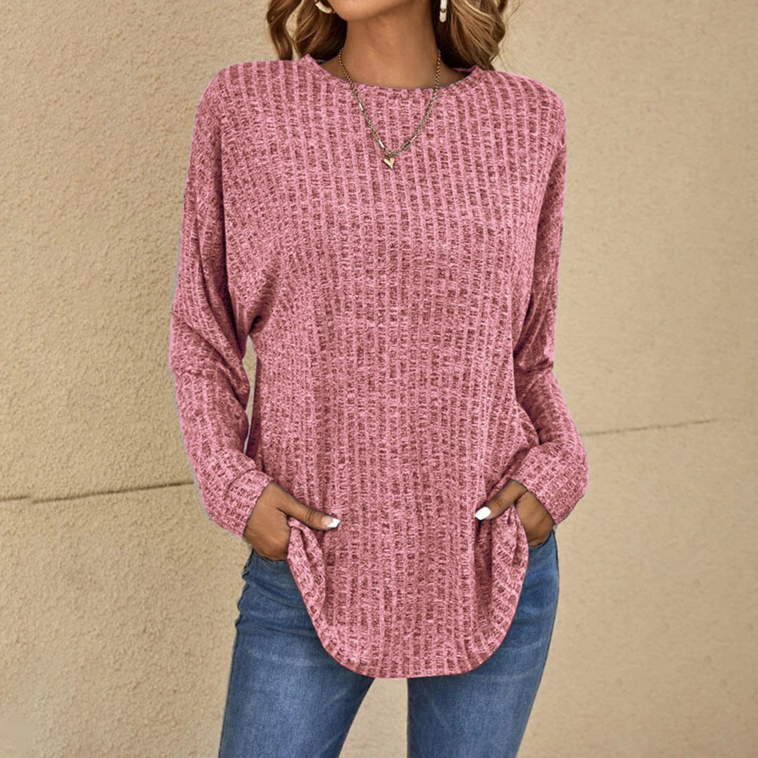 Celeste - Women's Ribbed Long-Sleeve Top with Curved Hem