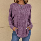 Celeste - Women's Ribbed Long-Sleeve Top with Curved Hem