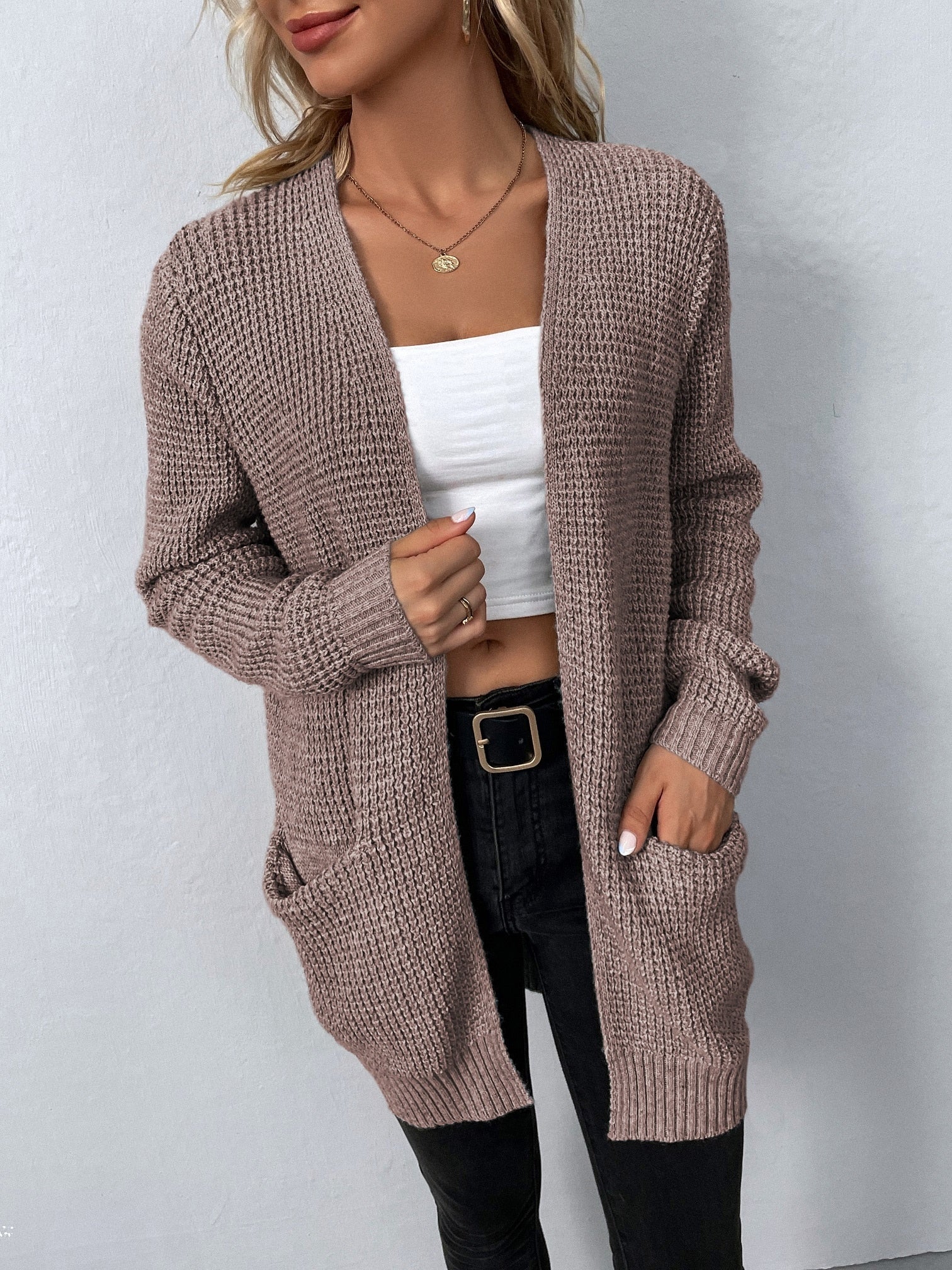 Celina - Women's Waffle-Knit Cardigan with Extended Sleeves