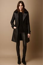 Cora - Women's Belted Faux Leather Trench Coat with Shearling Collar