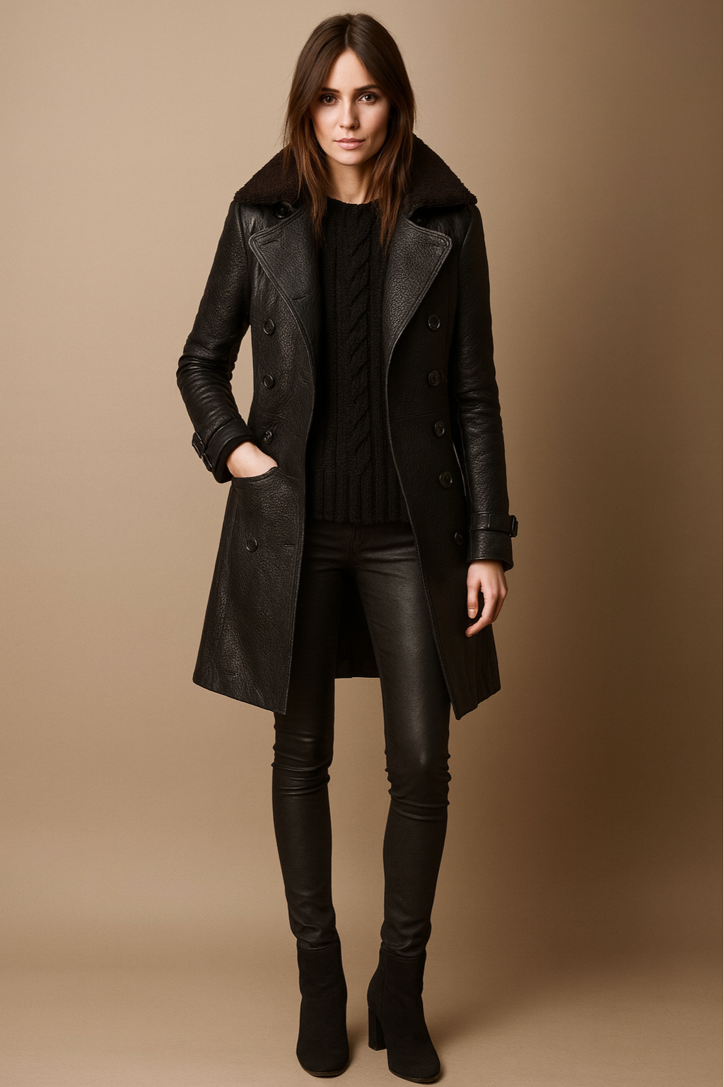 Cora - Women's Belted Faux Leather Trench Coat with Shearling Collar