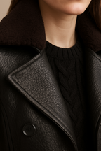 Cora - Women's Belted Faux Leather Trench Coat with Shearling Collar