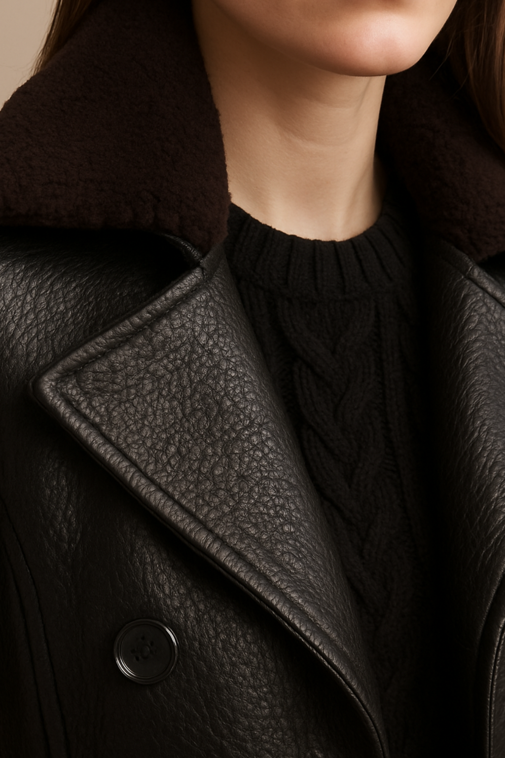 Cora - Women's Belted Faux Leather Trench Coat with Shearling Collar