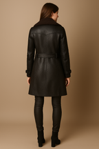 Cora - Women's Belted Faux Leather Trench Coat with Shearling Collar