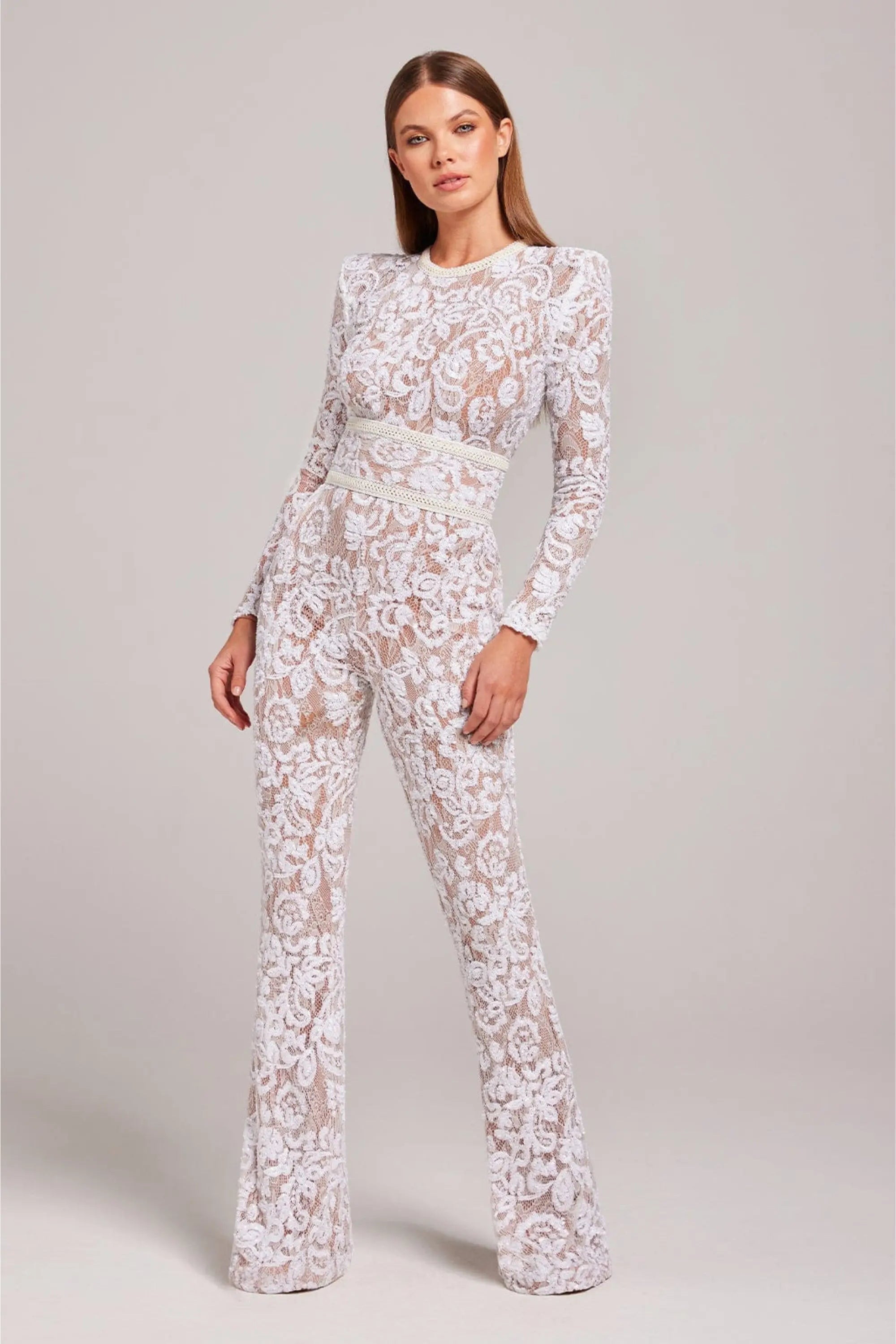 Cordelia - Women's Lace Long-Sleeve Jumpsuit with Studded Waist