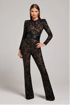 Cordelia - Women's Lace Long-Sleeve Jumpsuit with Studded Waist