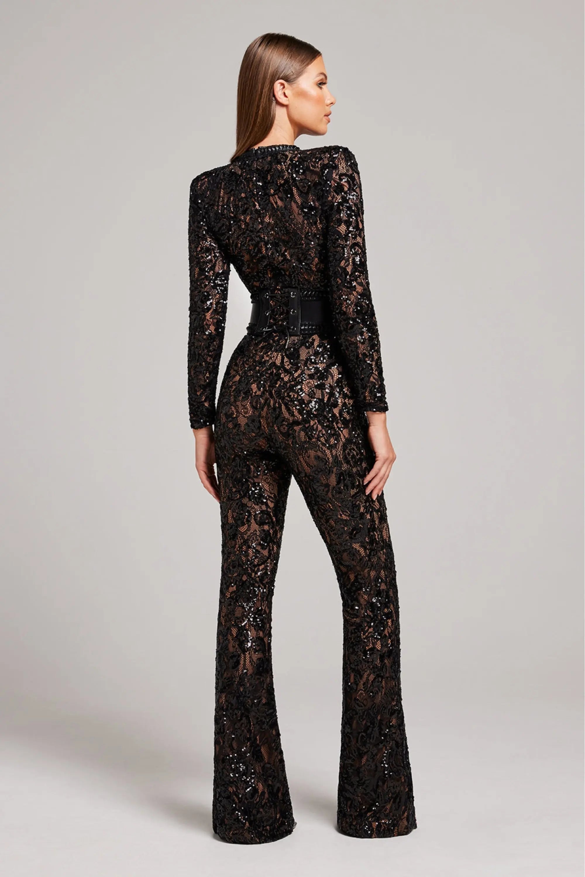 Cordelia - Women's Lace Long-Sleeve Jumpsuit with Studded Waist