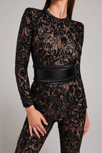Cordelia - Women's Lace Long-Sleeve Jumpsuit with Studded Waist
