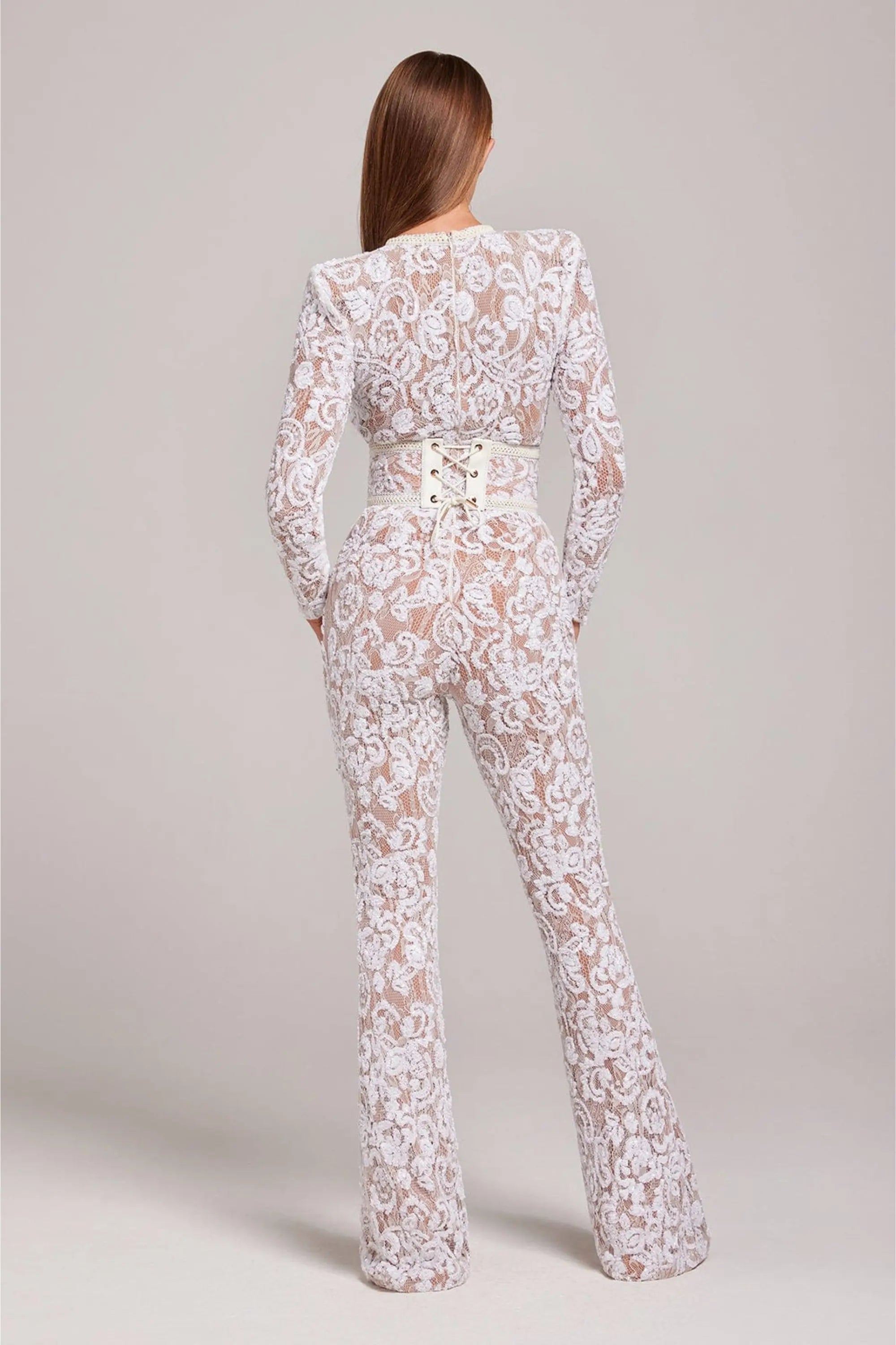 Cordelia - Women's Lace Long-Sleeve Jumpsuit with Studded Waist