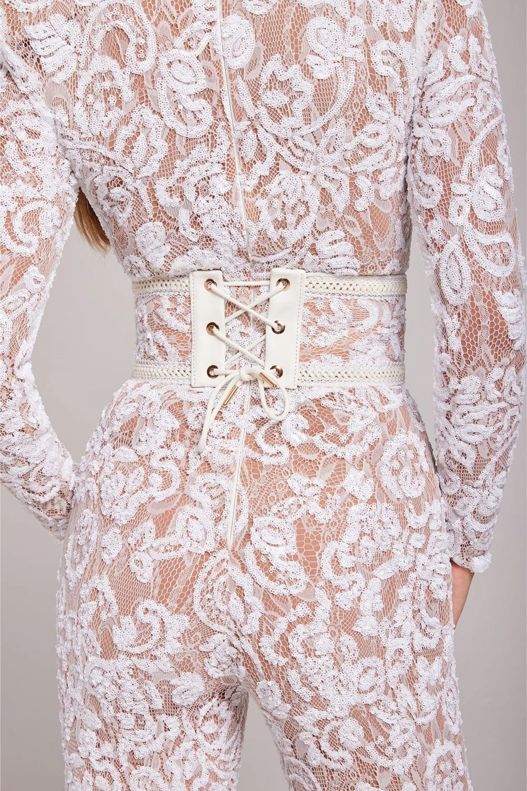 Cordelia - Women's Lace Long-Sleeve Jumpsuit with Studded Waist