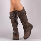 Cordula - Women's Lace-Up Knee-High Boots with Buckle Straps