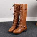Cordula - Women's Lace-Up Knee-High Boots with Buckle Straps