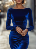 Cordula - Women's Velvet Boat Neck Bodycon Midi Dress