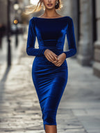 Cordula - Women's Velvet Boat Neck Bodycon Midi Dress