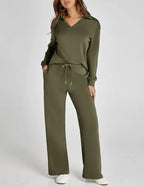 Diana - Women's Collared Quarter-Zip Pullover & Wide-Leg Joggers Set