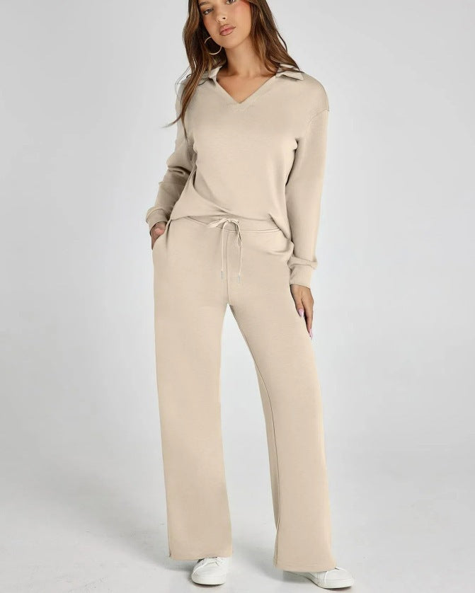 Diana - Women's Collared Quarter-Zip Pullover & Wide-Leg Joggers Set