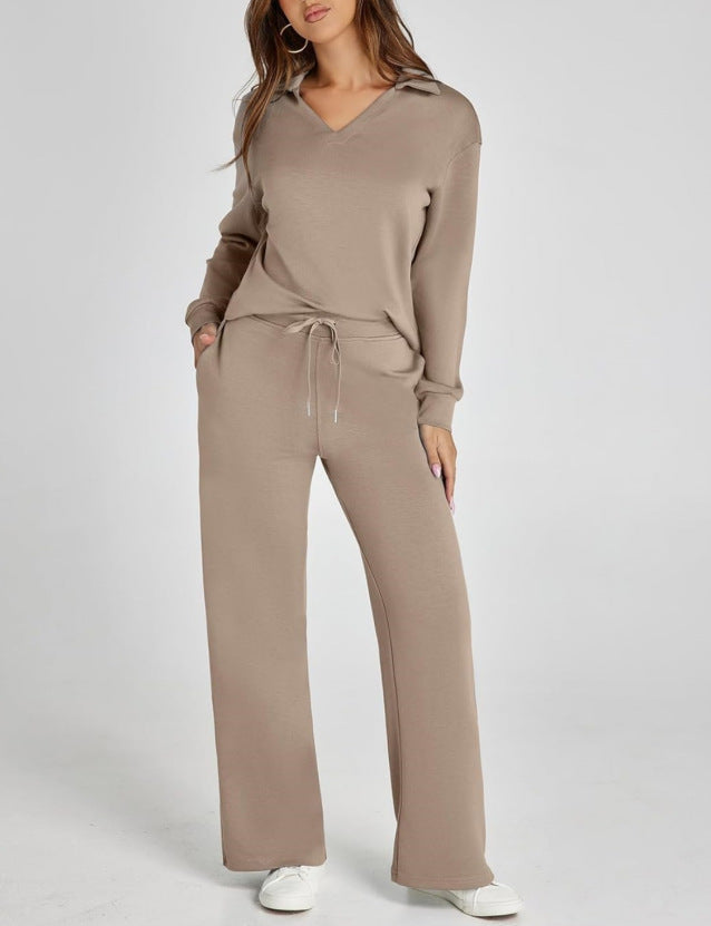 Diana - Women's Collared Quarter-Zip Pullover & Wide-Leg Joggers Set