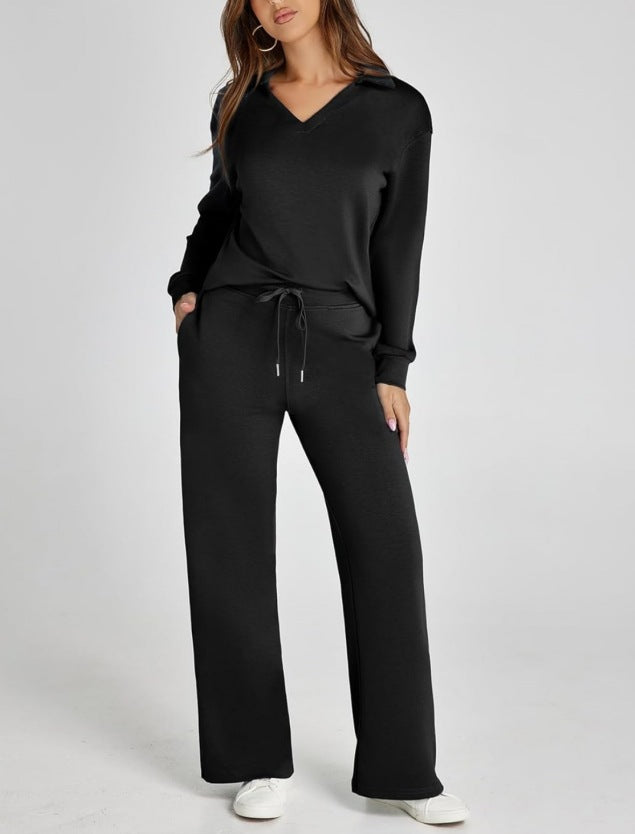 Diana - Women's Collared Quarter-Zip Pullover & Wide-Leg Joggers Set