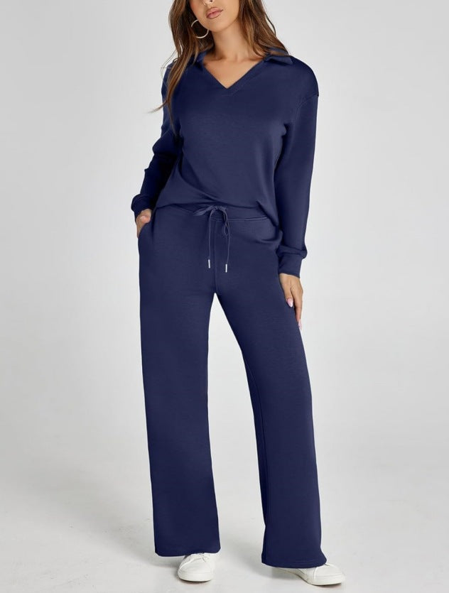 Diana - Women's Collared Quarter-Zip Pullover & Wide-Leg Joggers Set