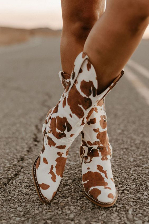 Dorothea - Women's Cowhide-Print Western Boots with Buckle Straps