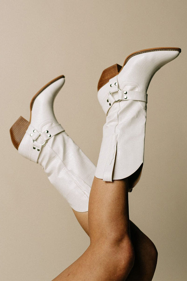 Dorothea - Women's Cowhide-Print Western Boots with Buckle Straps