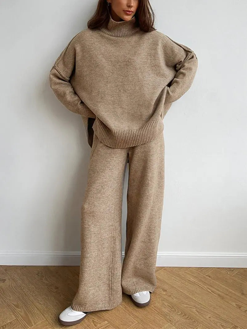 Elise - Women's Turtleneck Knit Sweater & Wide-Leg Pants Set