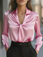 Eliza - Women's Notch-Collar Satin Blouse with Front Twist