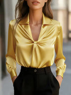 Eliza - Women's Notch-Collar Satin Blouse with Front Twist