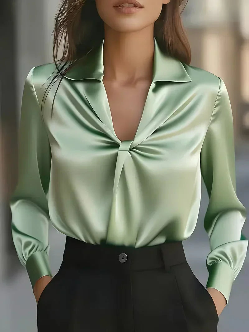 Eliza - Women's Notch-Collar Satin Blouse with Front Twist