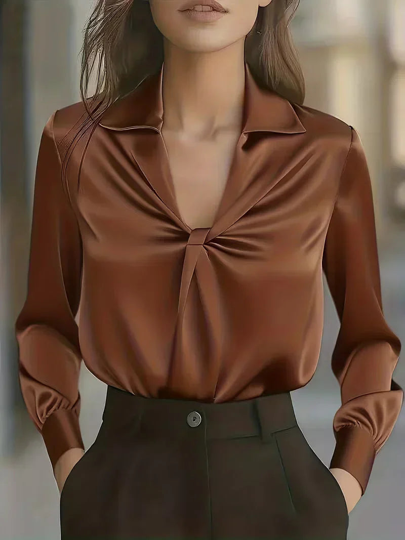 Eliza - Women's Notch-Collar Satin Blouse with Front Twist