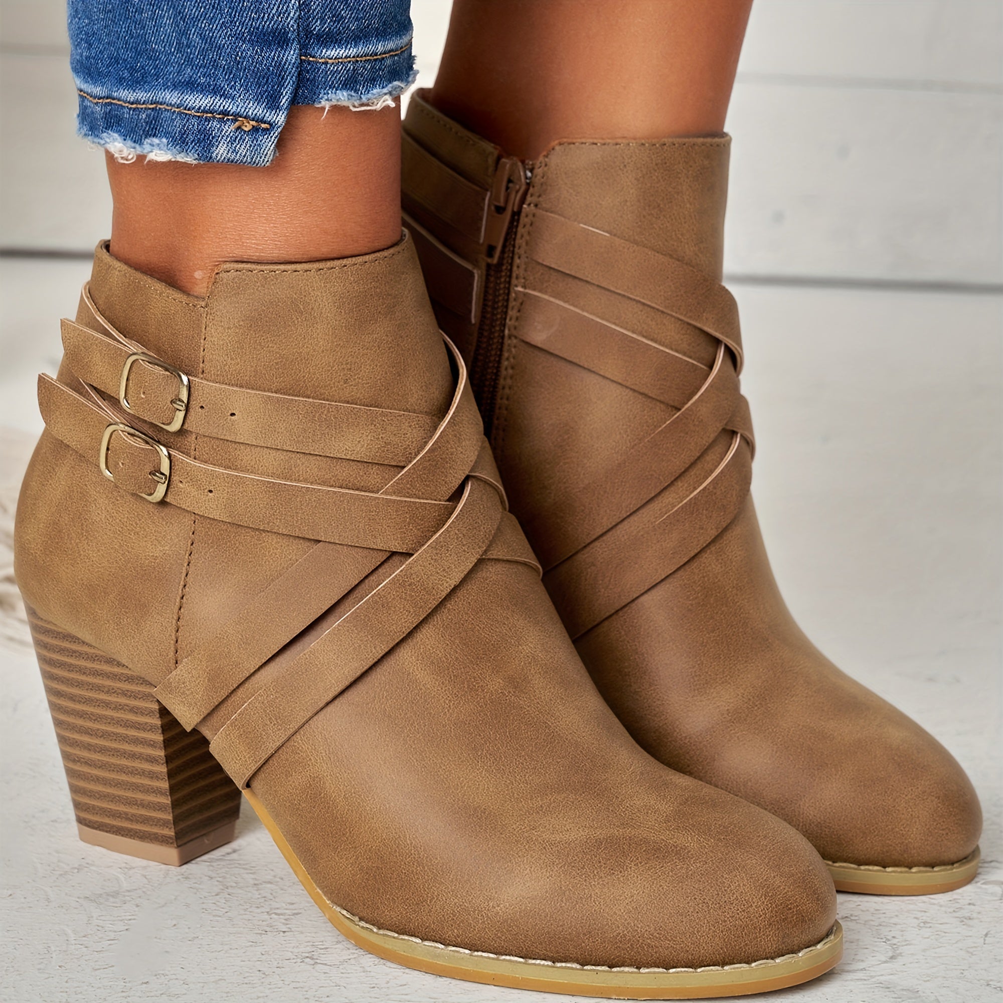 Esther - Women's Strappy Block Heel Ankle Boots