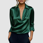 Evangeline - Women's V-Neck Satin Wrap Blouse
