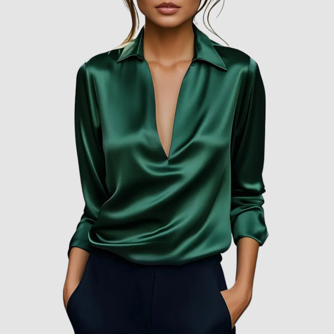 Evangeline - Women's V-Neck Satin Wrap Blouse