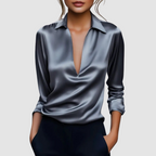Evangeline - Women's V-Neck Satin Wrap Blouse