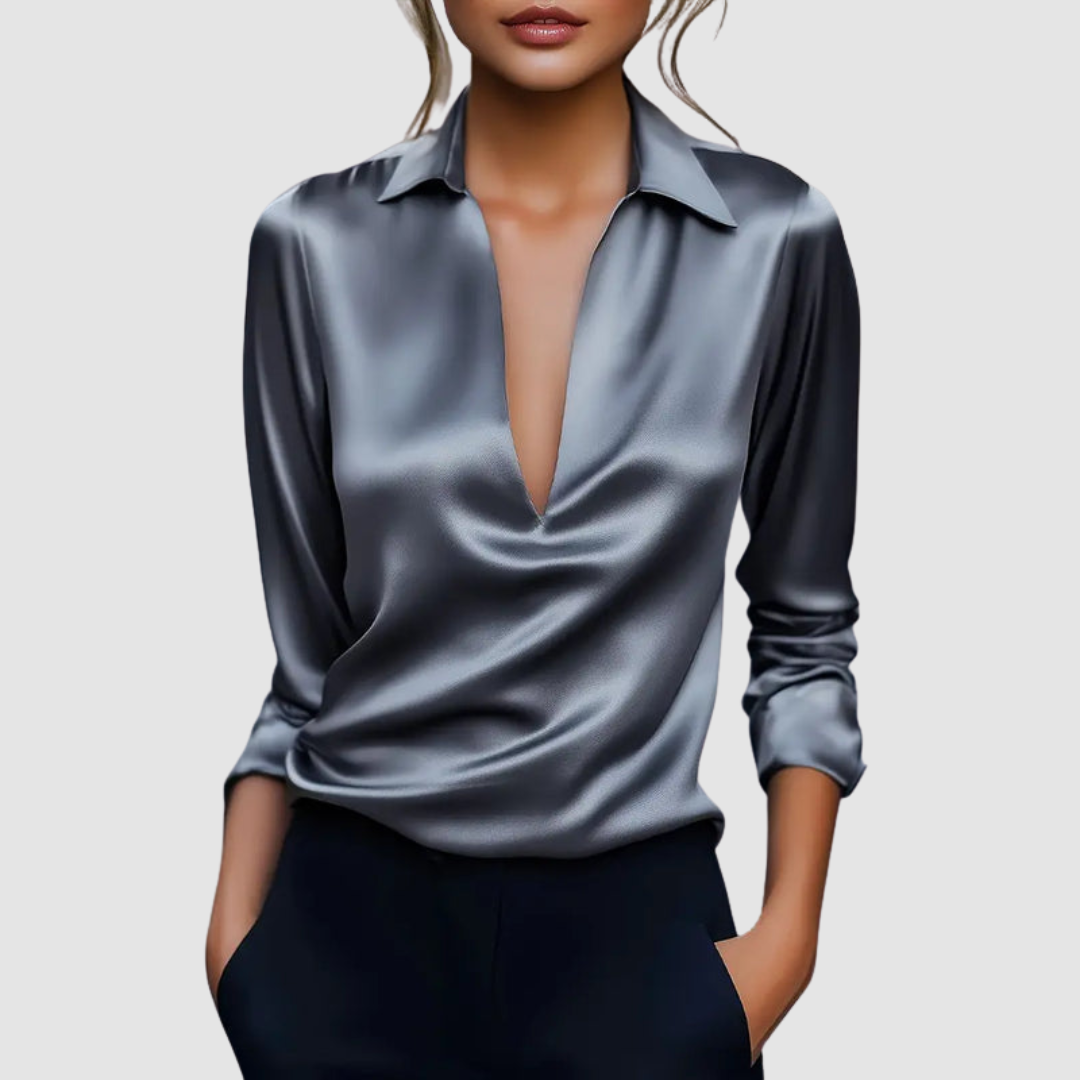 Evangeline - Women's V-Neck Satin Wrap Blouse