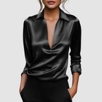 Evangeline - Women's V-Neck Satin Wrap Blouse