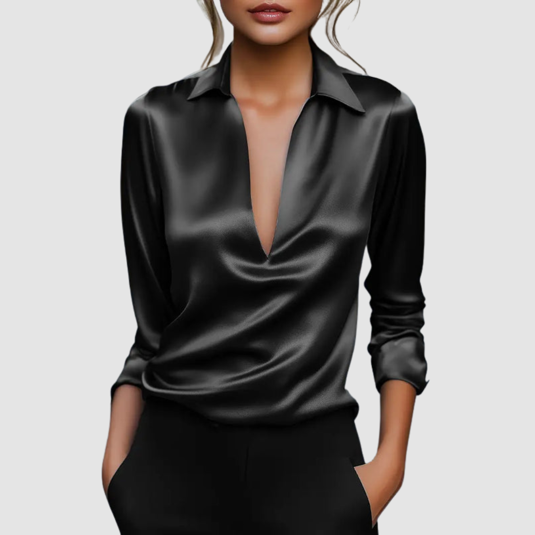Evangeline - Women's V-Neck Satin Wrap Blouse