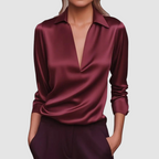 Evangeline - Women's V-Neck Satin Wrap Blouse