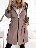 Genevieve - Women's Long Zip Coat with Checked Cuffs and Drawstring Hood