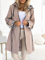 Genevieve - Women's Long Zip Coat with Checked Cuffs and Drawstring Hood