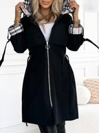 Genevieve - Women's Long Zip Coat with Checked Cuffs and Drawstring Hood
