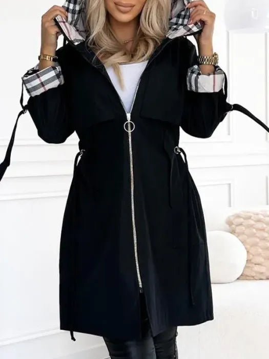 Genevieve - Women's Long Zip Coat with Checked Cuffs and Drawstring Hood