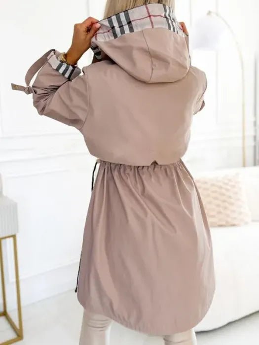 Genevieve - Women's Long Zip Coat with Checked Cuffs and Drawstring Hood